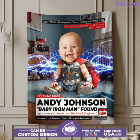 Personalized Baby Superhero Thor Blanket – CNN Breaking News Style with Custom Photo & Name